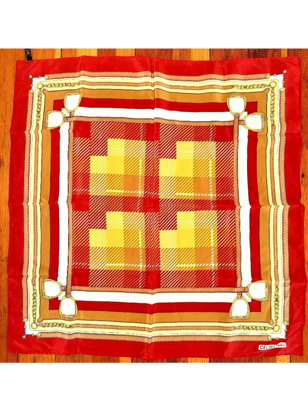 Vtg CELINE PARIS Harness Stirrup Plaid 100% Silk SCARF Red Yellow 26"x26" Italy